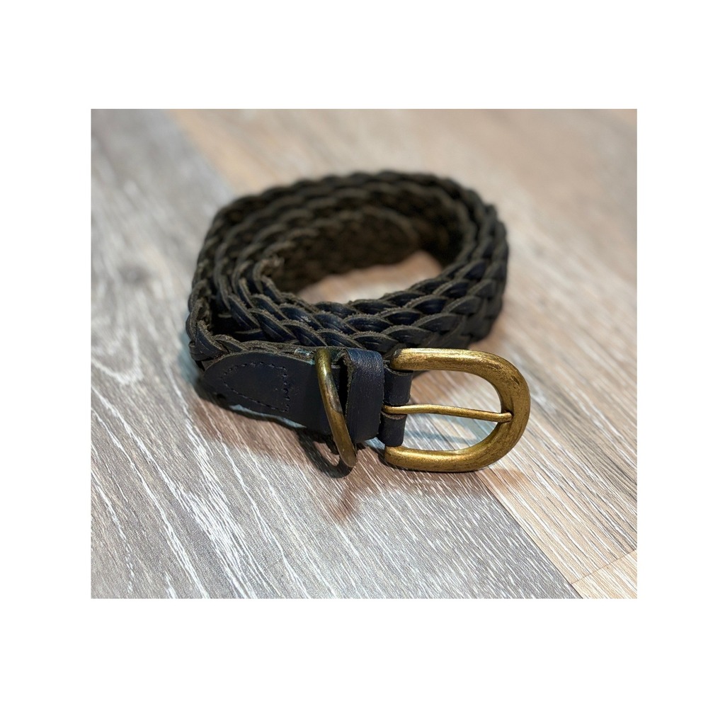 Navy Blue Braided Genuine Leather Belt M/L Brass Buckle 39"
